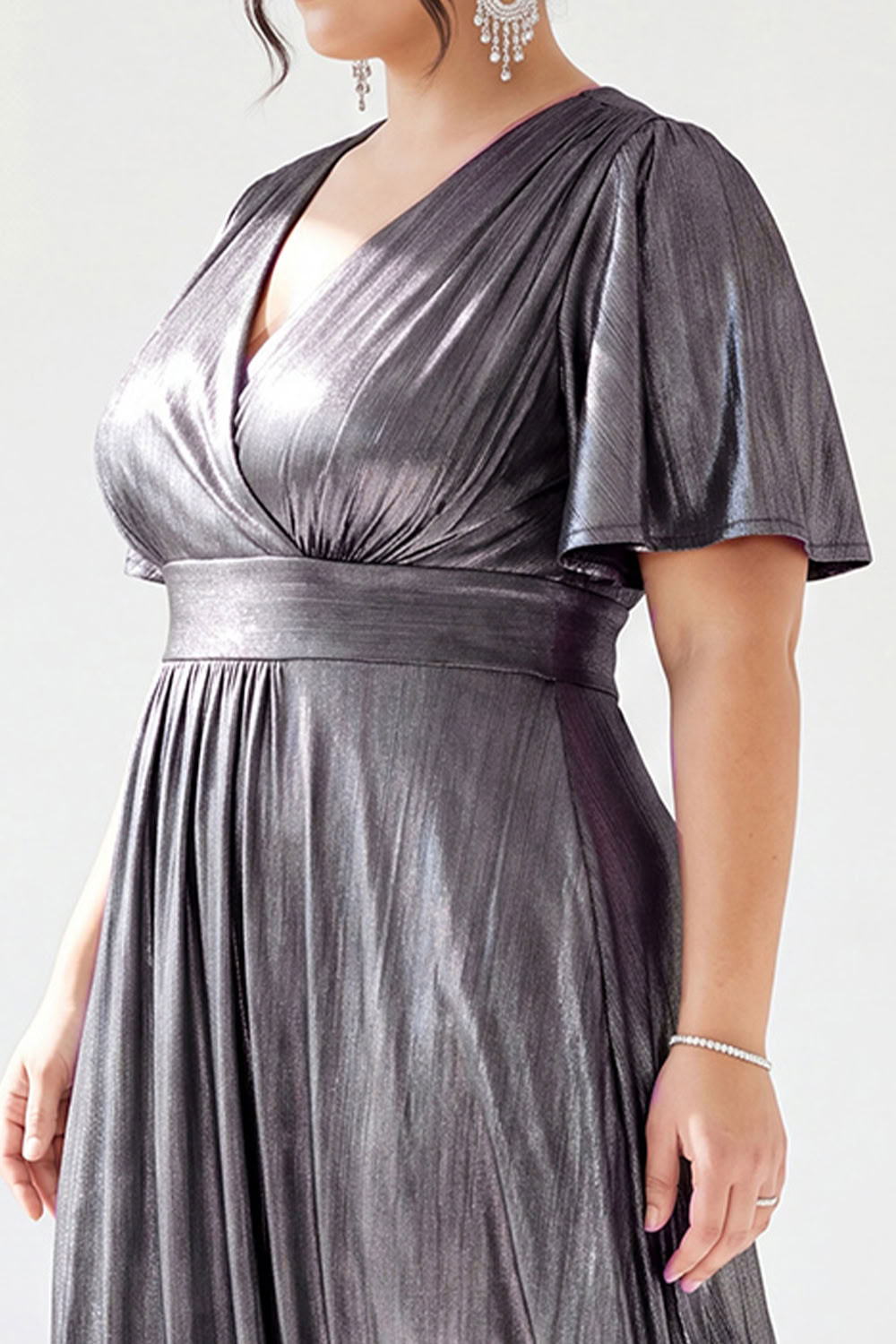 Silver A Line V Neck Metallic Satin Maxi Dress