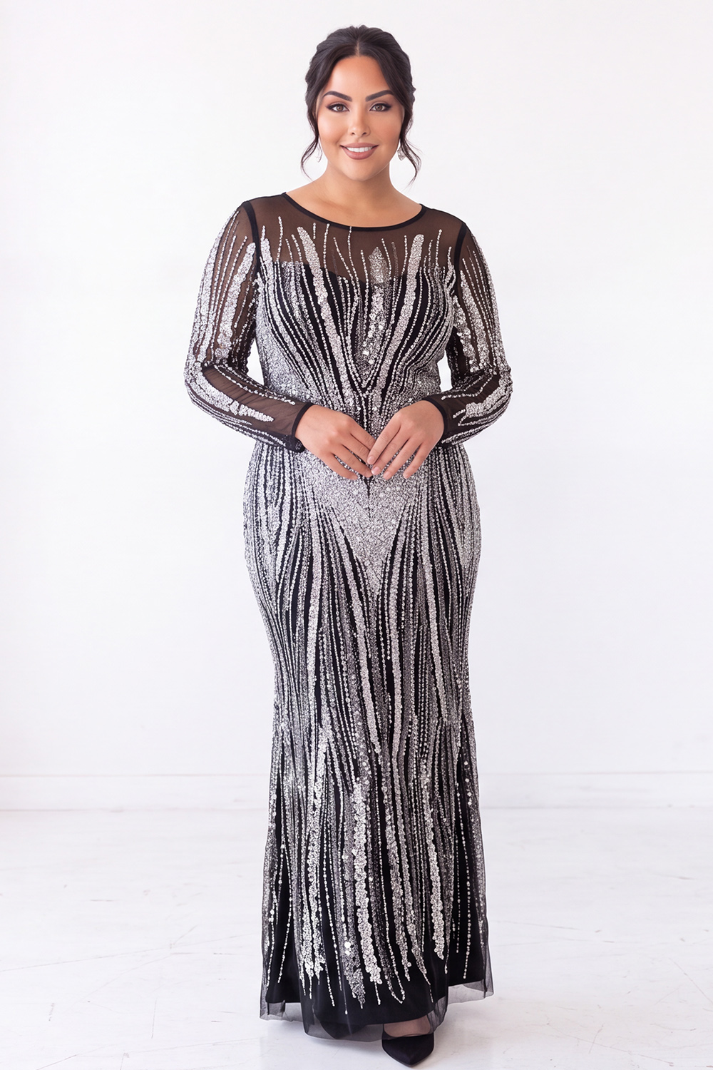 Sparkly Black Beaded Mermaid Long Sleeve Formal Dress