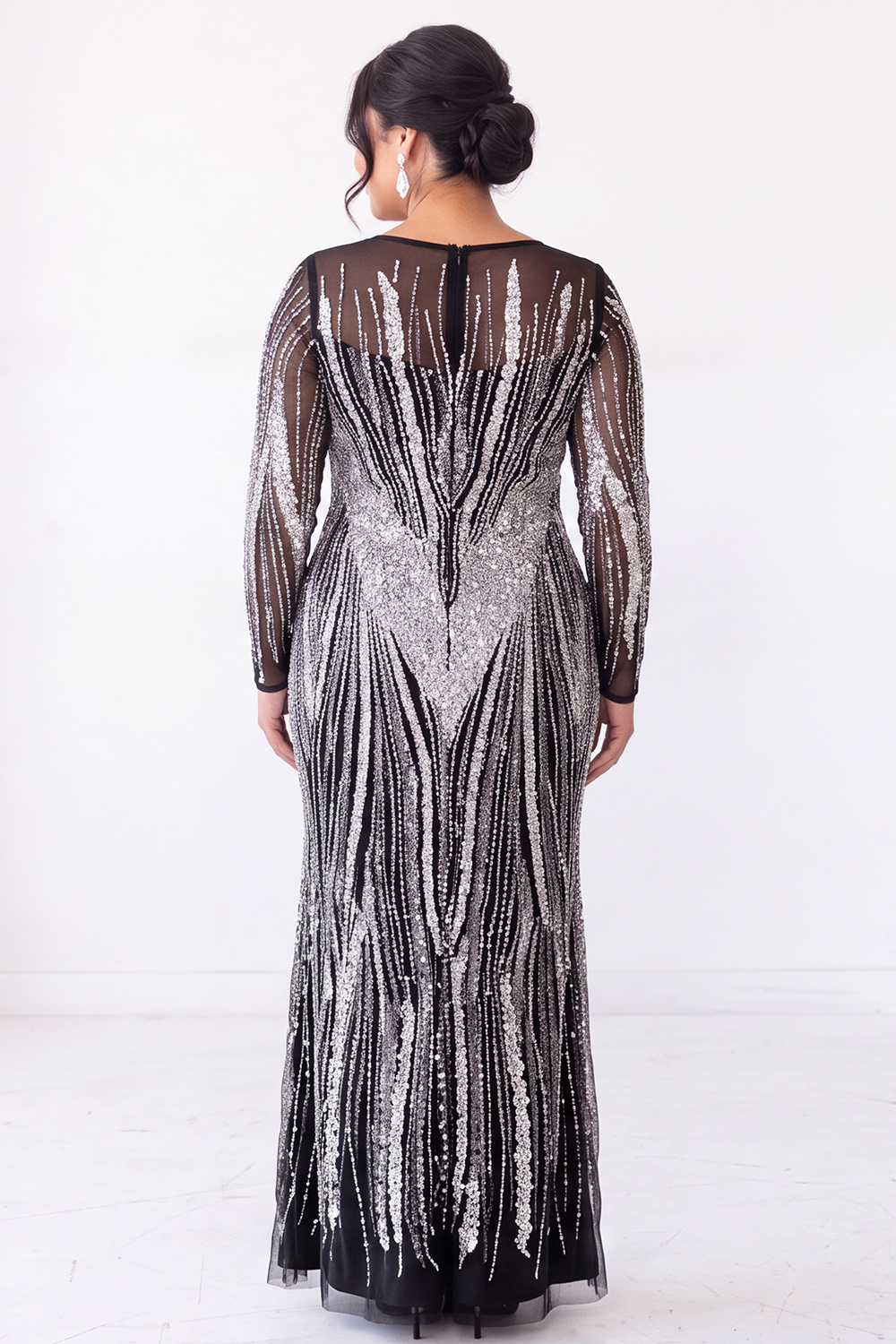 Sparkly Black Beaded Mermaid Long Sleeve Formal Dress