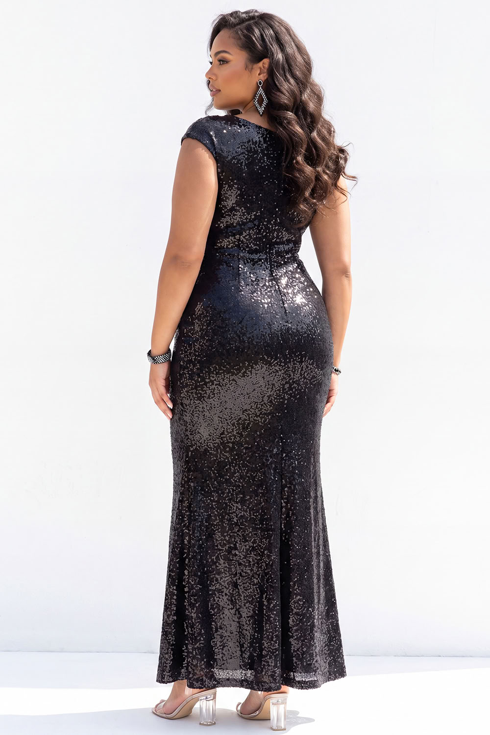 Sparkly Black Off the Shoulder Sequin Mermaid Plus Size Maxi Dress