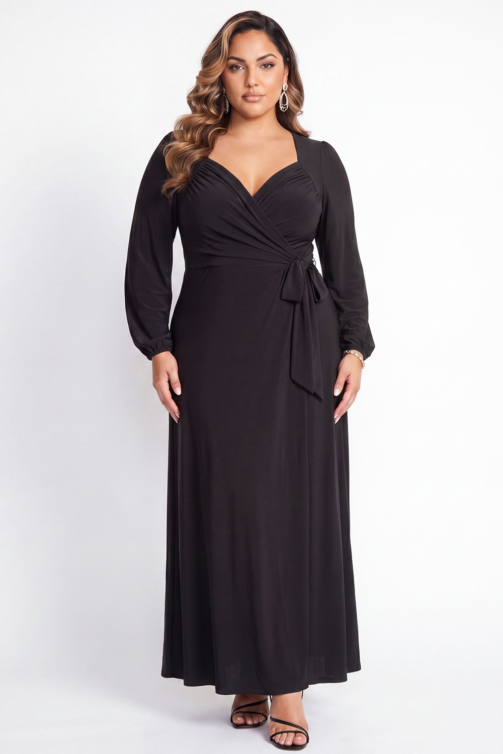 Black Long Sleeve Plus Size V Neck Formal Dress