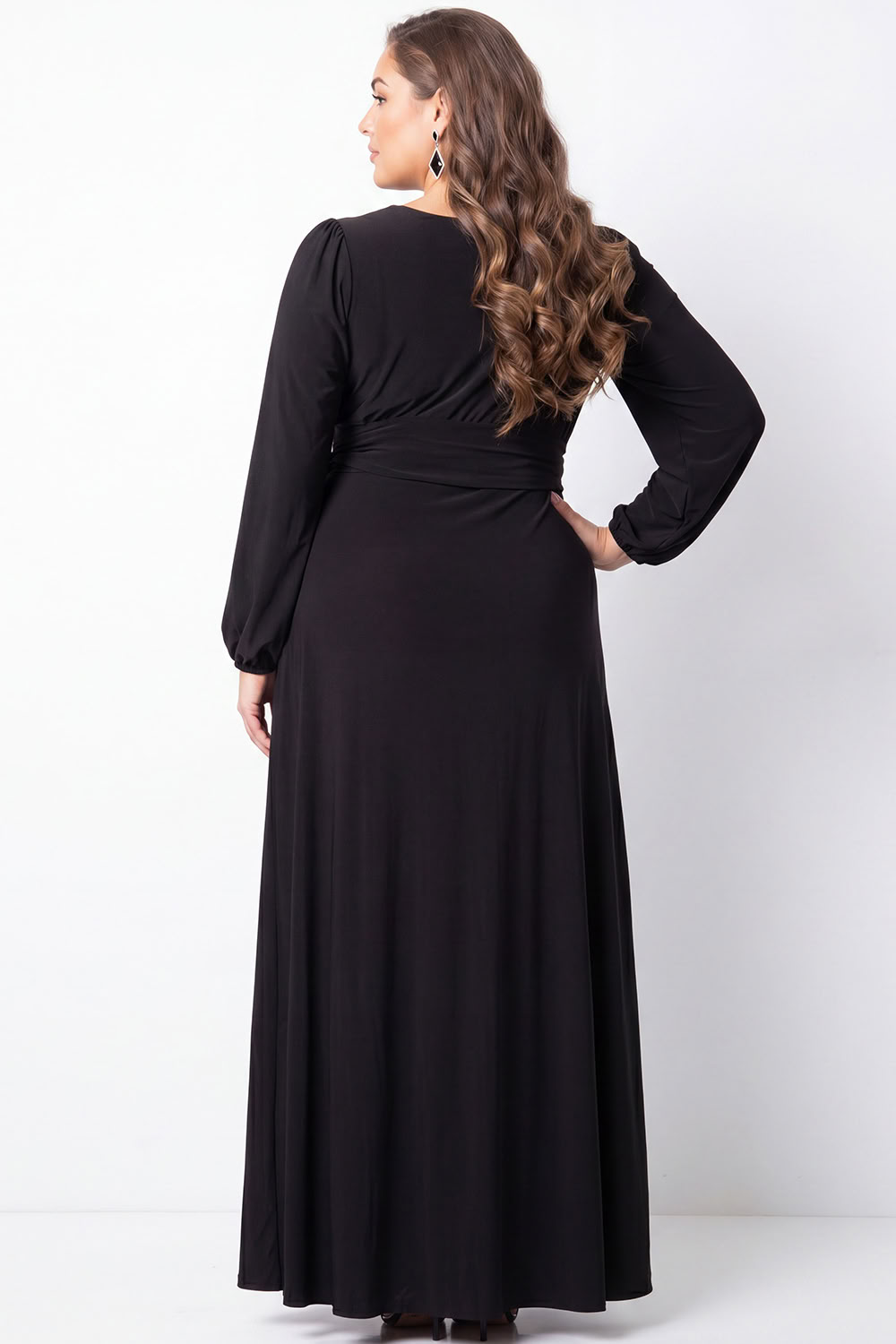 Black Long Sleeve Plus Size V Neck Formal Dress