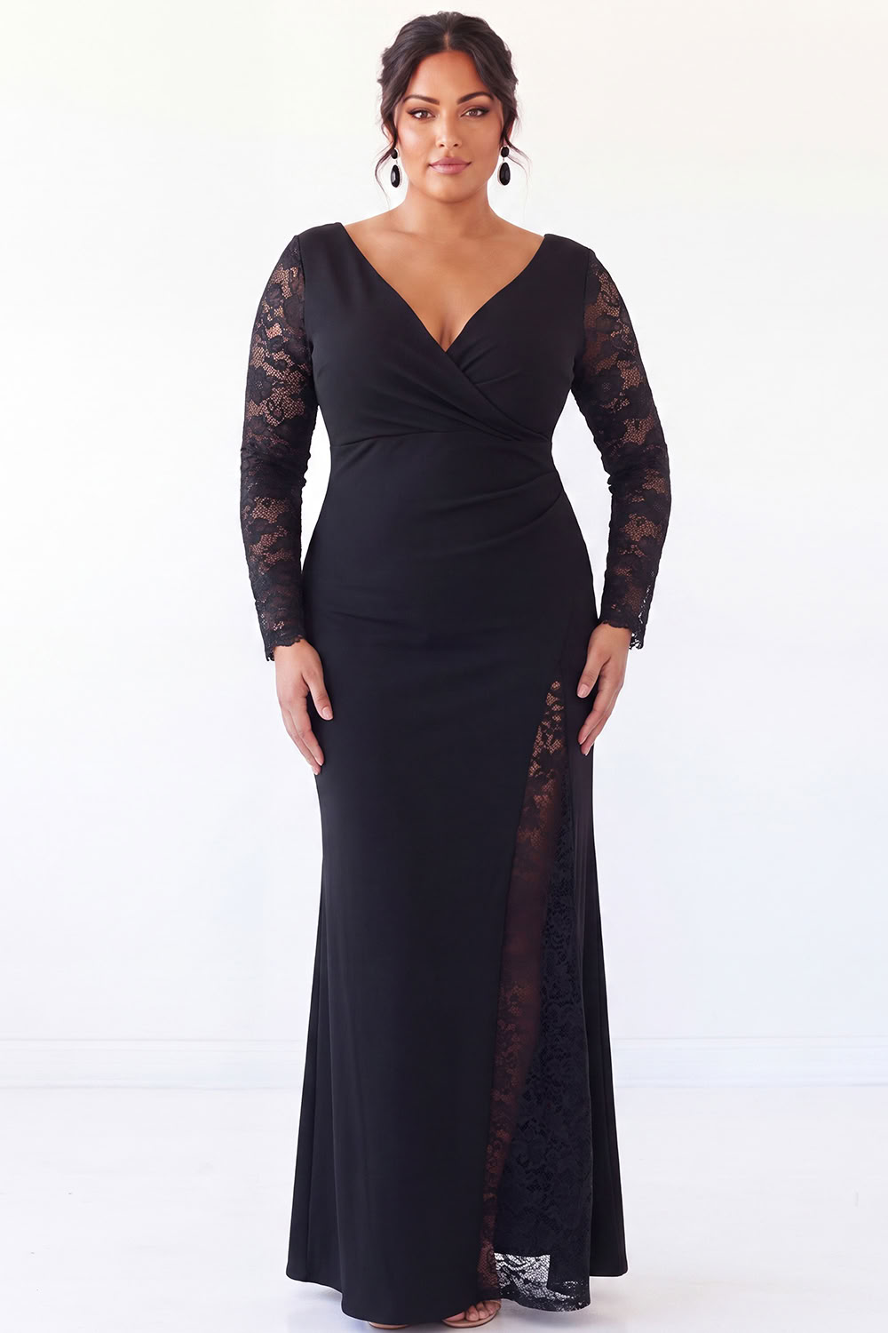 Navy V Neck Mermaid Lace Plus Size Maxi Dress