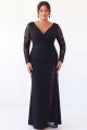 Black Mermaid V Neck Lace Plus Size Formal Dress with Long Sleeves