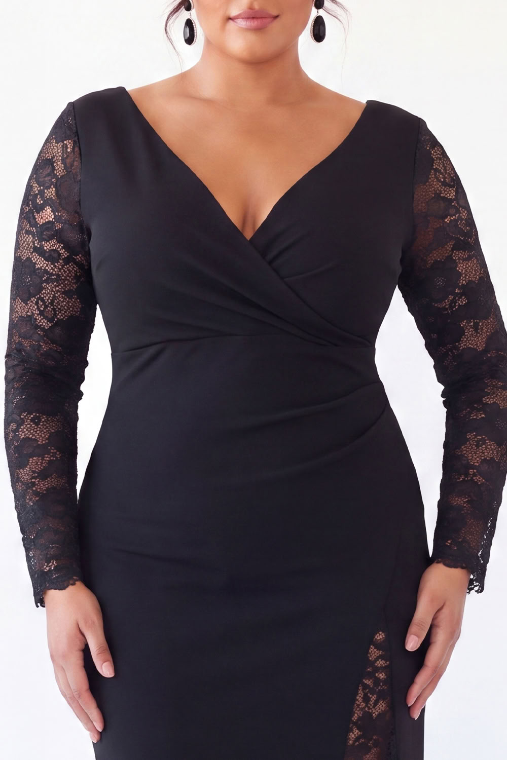 Navy V Neck Mermaid Lace Plus Size Maxi Dress