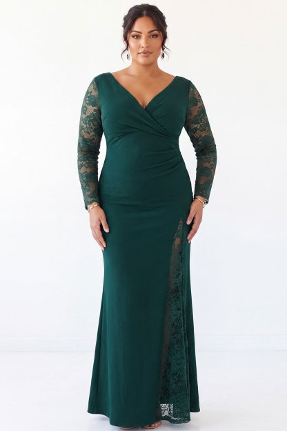 Navy V Neck Mermaid Lace Plus Size Maxi Dress