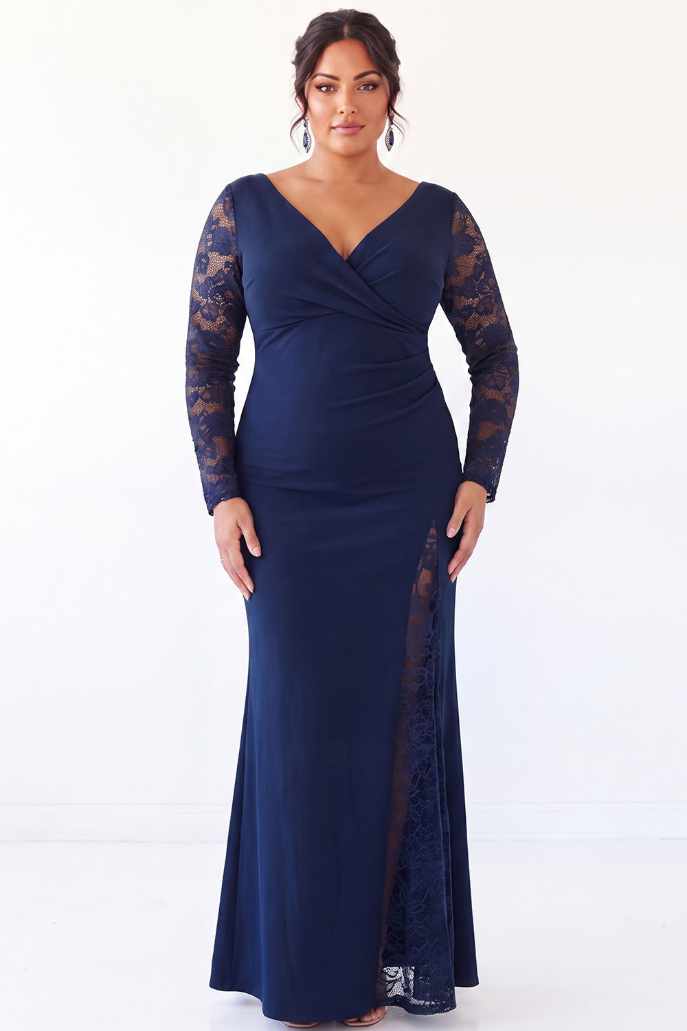 Navy V Neck Mermaid Lace Plus Size Maxi Dress