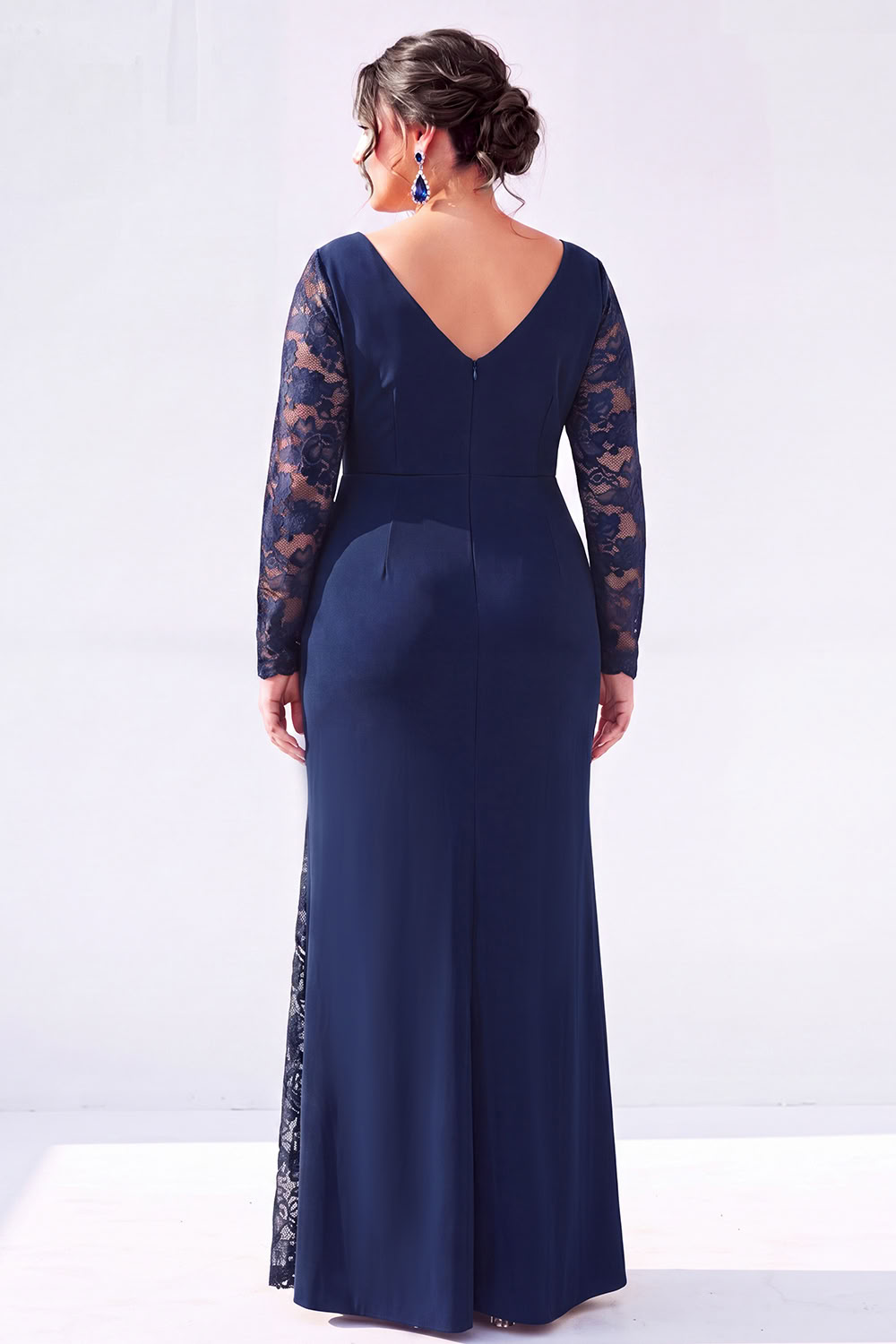 Navy V Neck Mermaid Lace Plus Size Maxi Dress