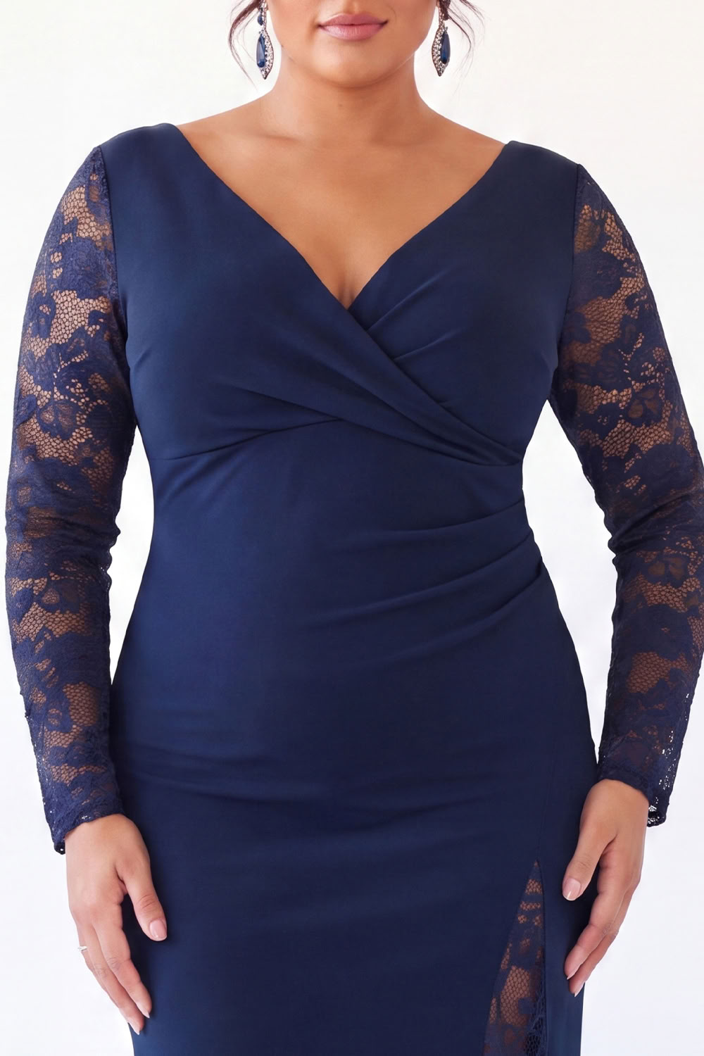 Navy V Neck Mermaid Lace Plus Size Maxi Dress