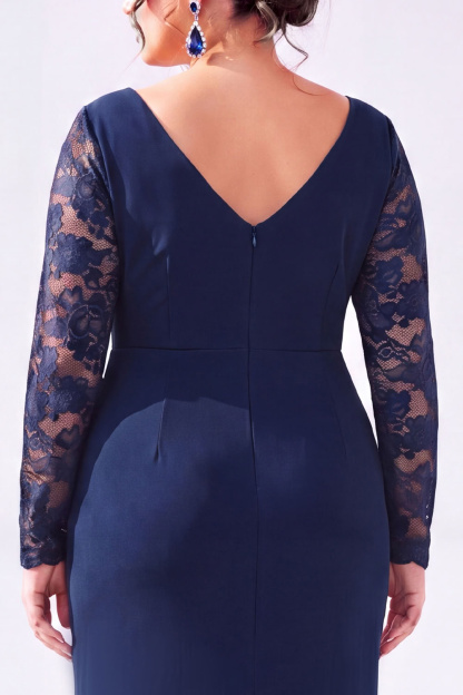 Navy V Neck Mermaid Lace Plus Size Maxi Dress