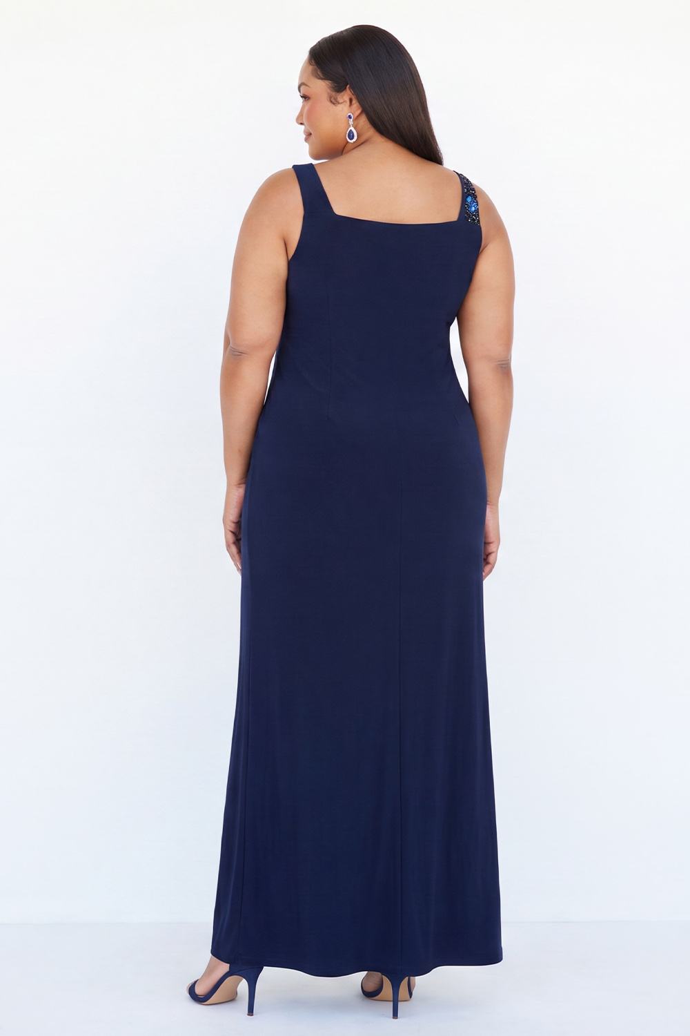 Navy Sequin Ruched Square Neck Maxi Dress with Slit