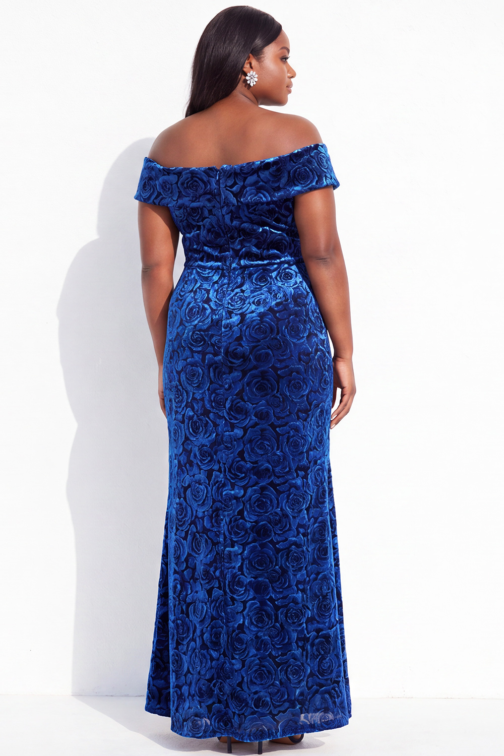 Off the Shoulder Floral Mermaid Velvet Formal Dress with Slit