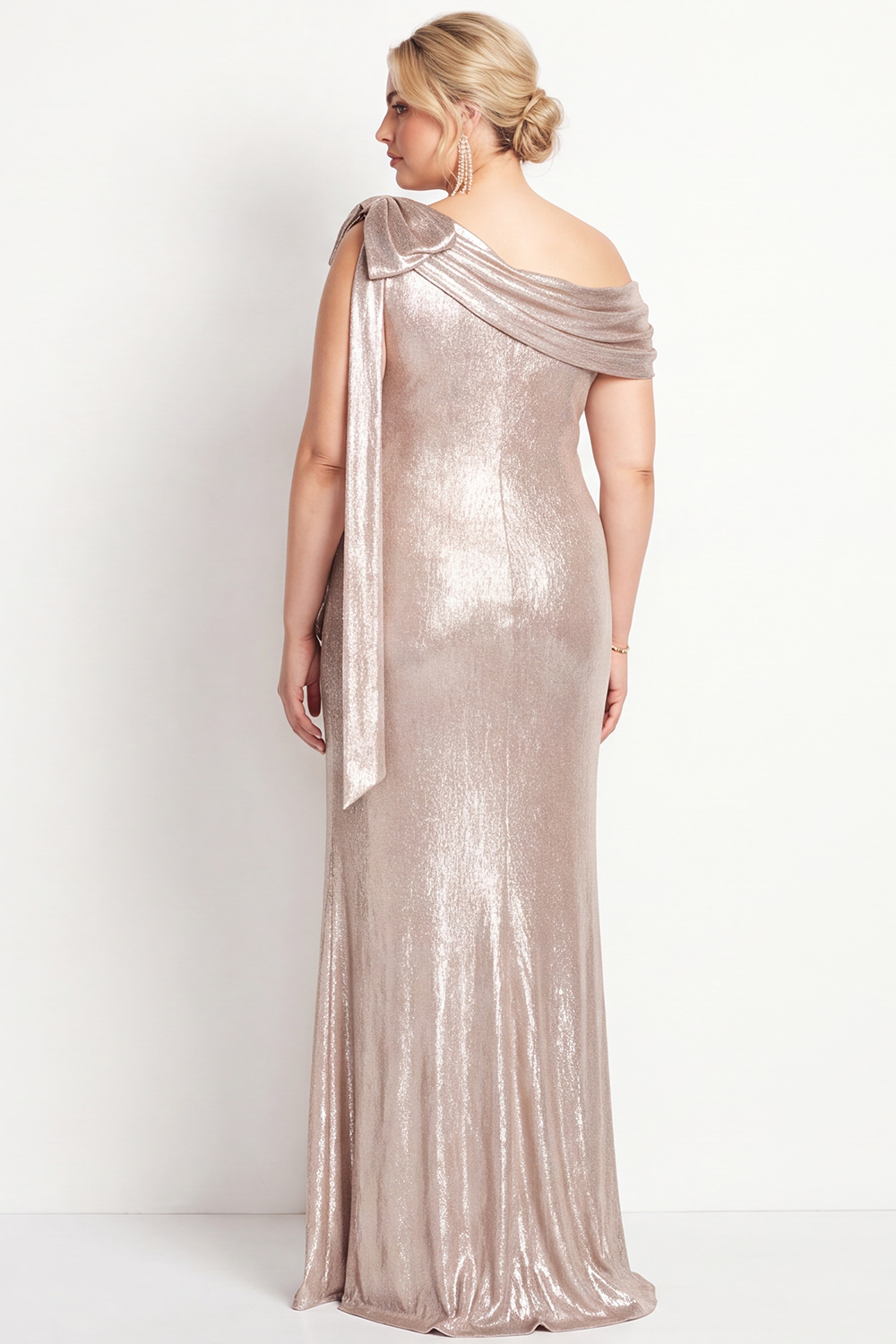 Plus Size Champagne Off the Shoulder Metallic Maxi Dress