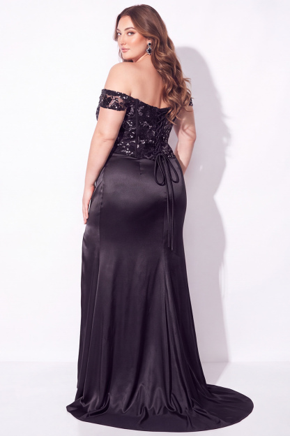 Black Sequin Corset Off the Shoulder Mermaid Plus Size Formal Dress with Slit