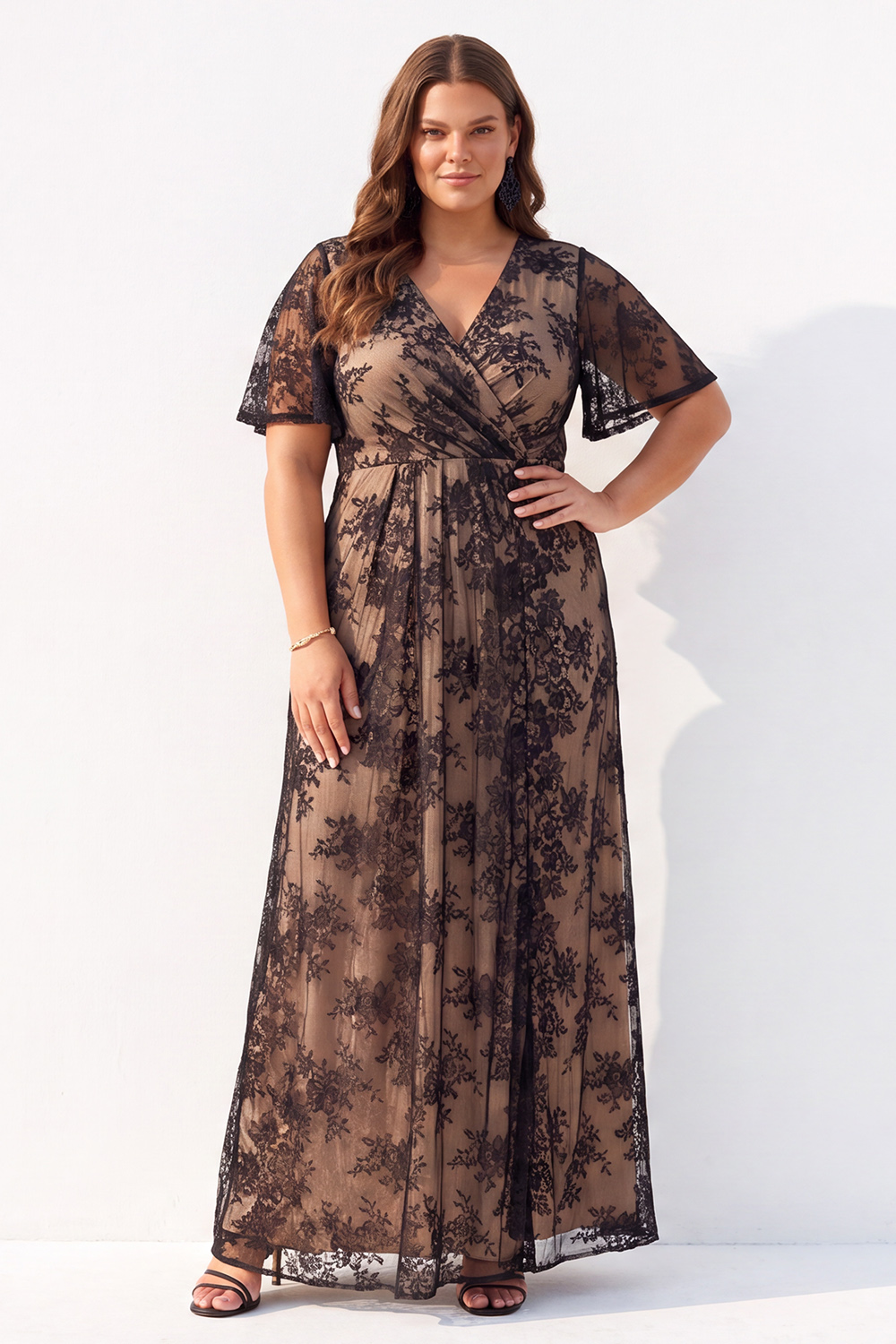 Rose Black A Line Floral V Neck Plus Size Formal Dress
