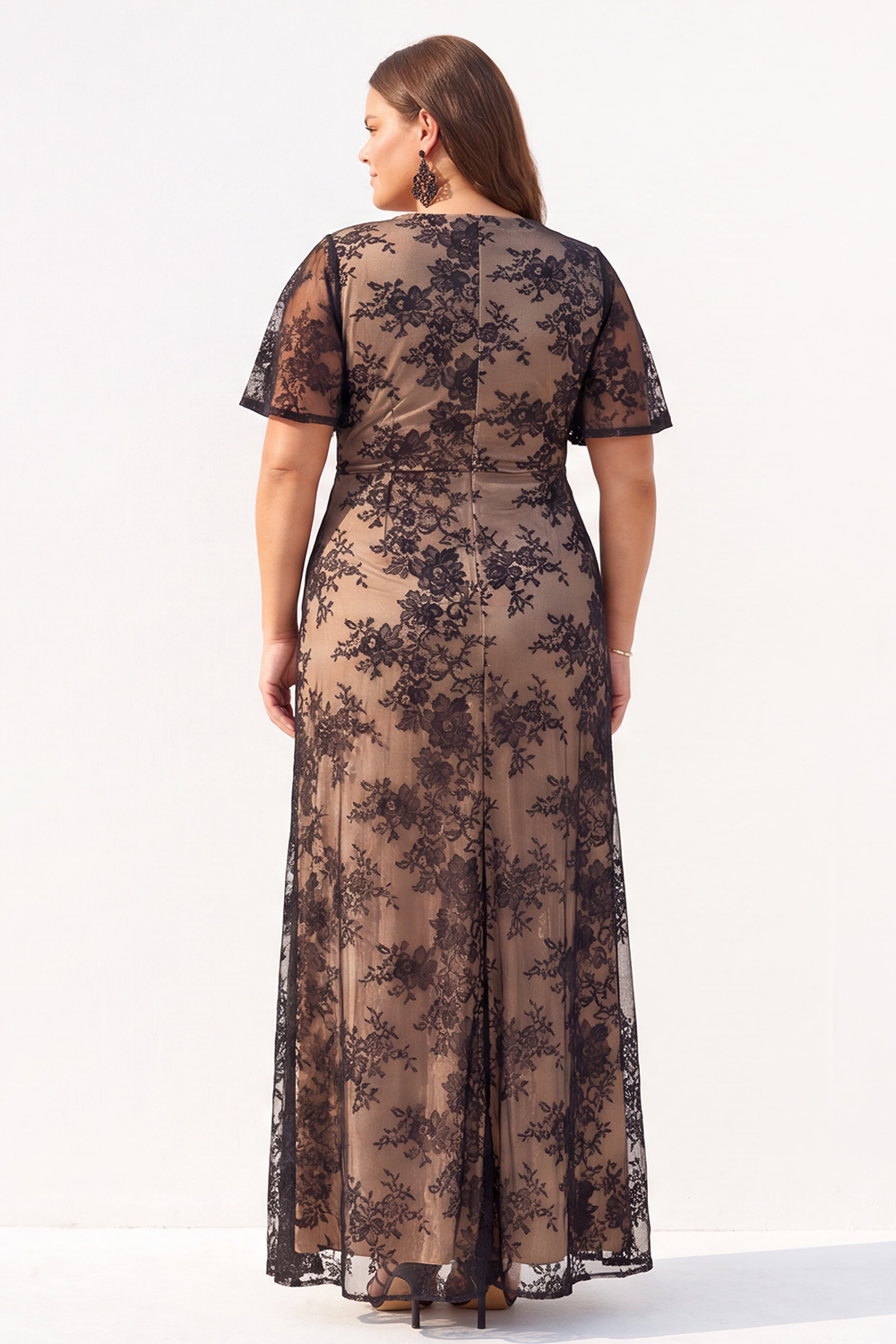 Rose Black A Line Floral V Neck Plus Size Formal Dress