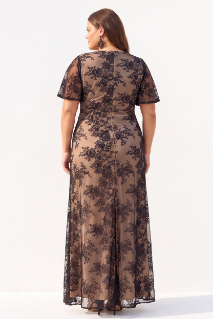 Rose Black A Line Floral V Neck Plus Size Formal Dress