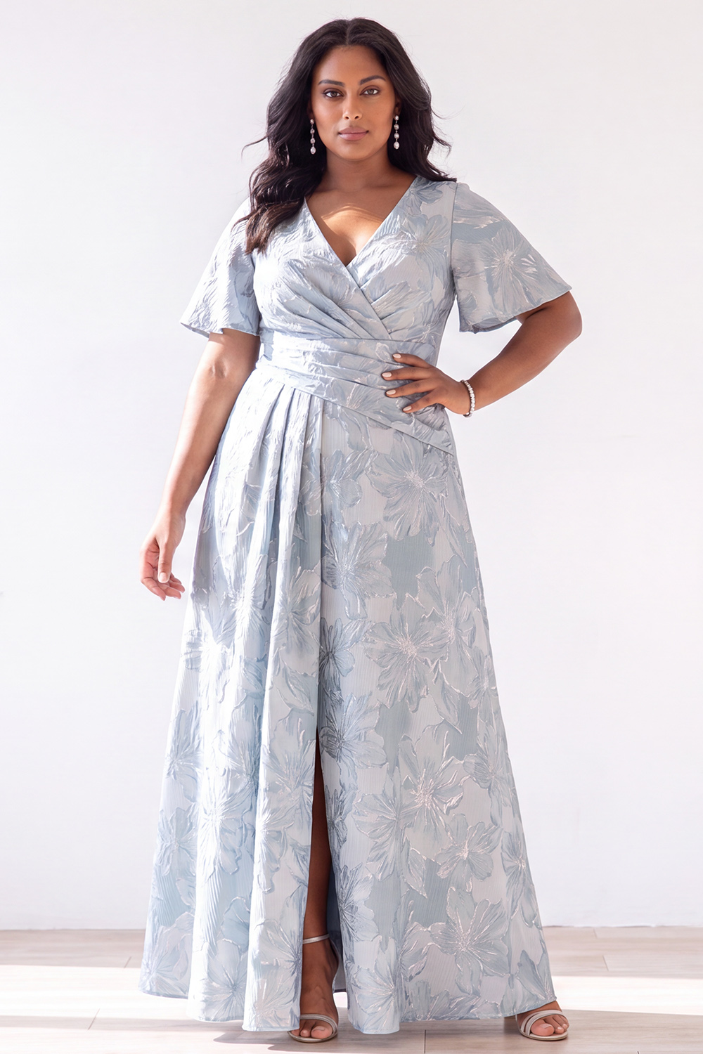 Dressself Women Plus Size Light Blue Maxi Dress Floral Jacquard A Line Evening Dress with Short Sleeves