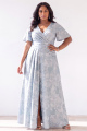 Plus Size Light Blue Floral Jacquard A Line Maxi Dress with Slit