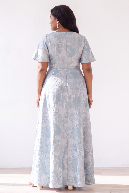 Plus Size Light Blue Floral Jacquard A Line Maxi Dress with Short Sleeves