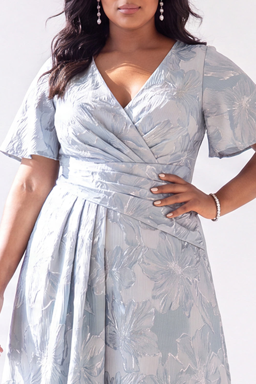 Plus Size Light Blue Floral Jacquard A Line Maxi Dress with Short Sleeves