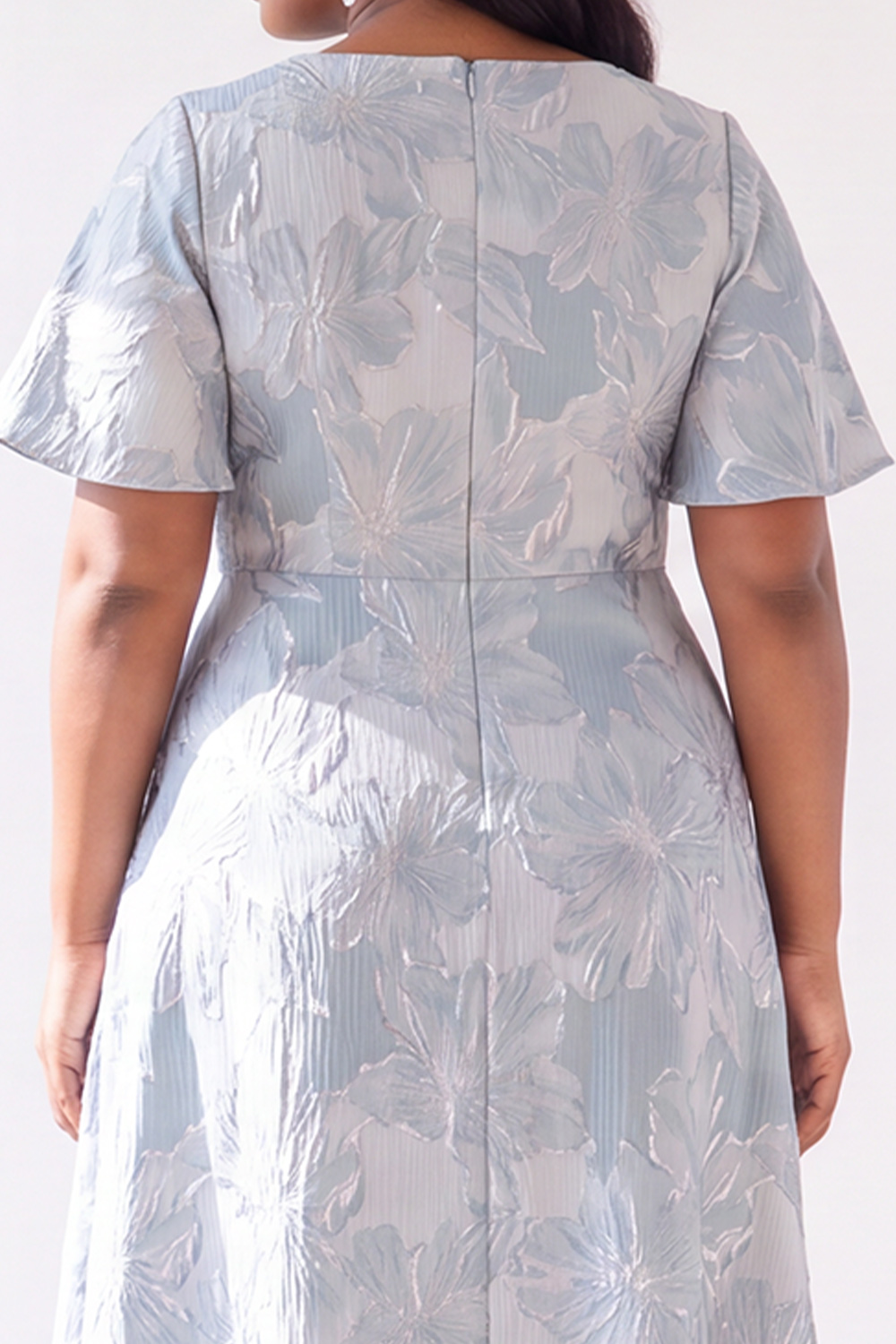 Plus Size Light Blue Floral Jacquard A Line Maxi Dress with Short Sleeves