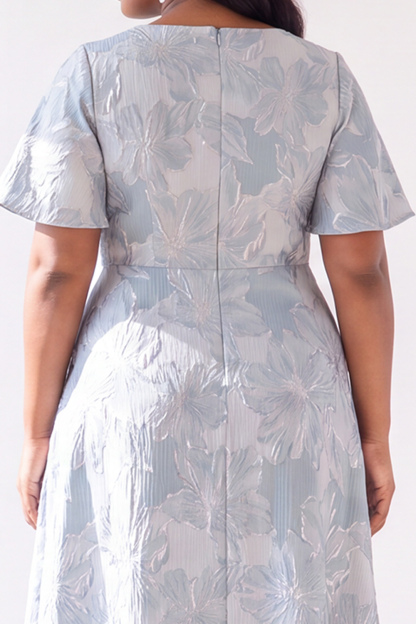 Plus Size Light Blue Floral Jacquard A Line Maxi Dress with Short Sleeves