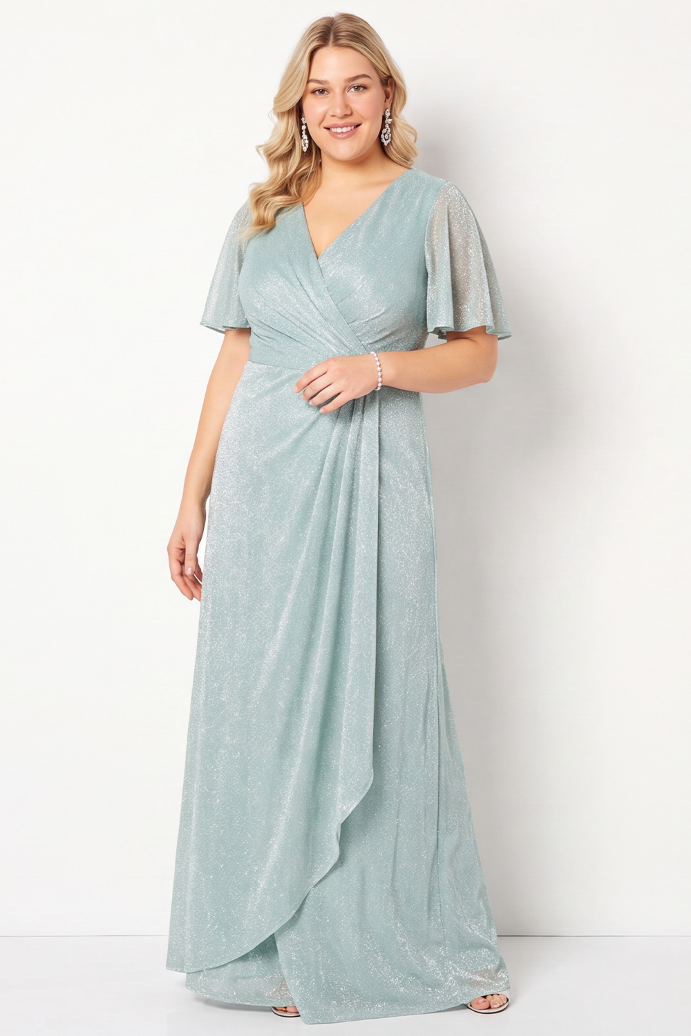 Dressself Women Glitter Light Blue Plus Size Maxi Dress A Line V Neck Evening Dress