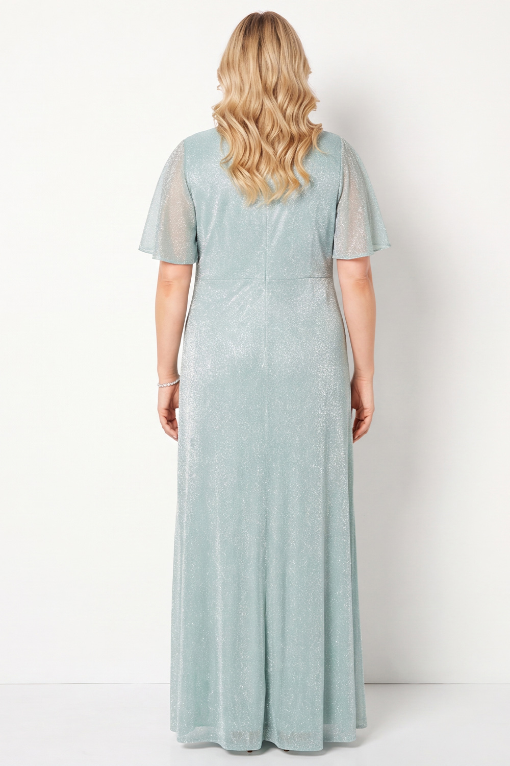 Glitter Light Blue Plus Size V Neck A Line Maxi Dress