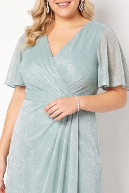 Glitter Light Blue Plus Size V Neck A Line Maxi Dress