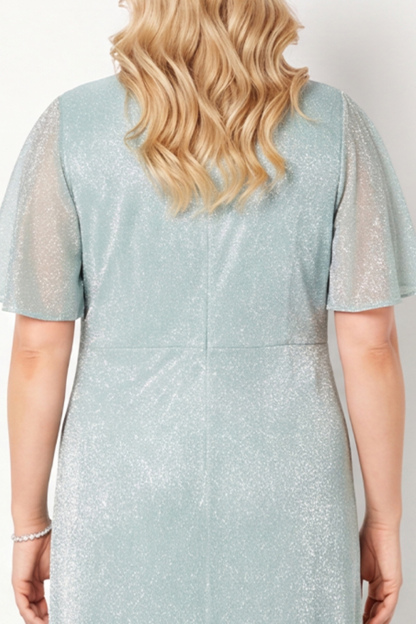 Glitter Light Blue Plus Size V Neck A Line Maxi Dress