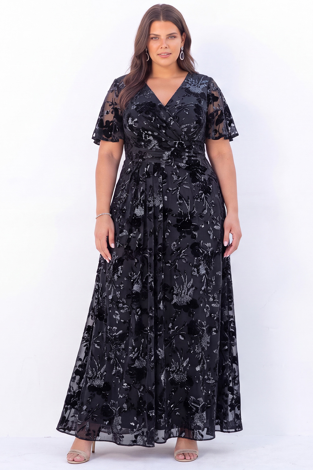 Plus Size Burnout Velvet Black Mother of the Bride Dress with Short Sleeves