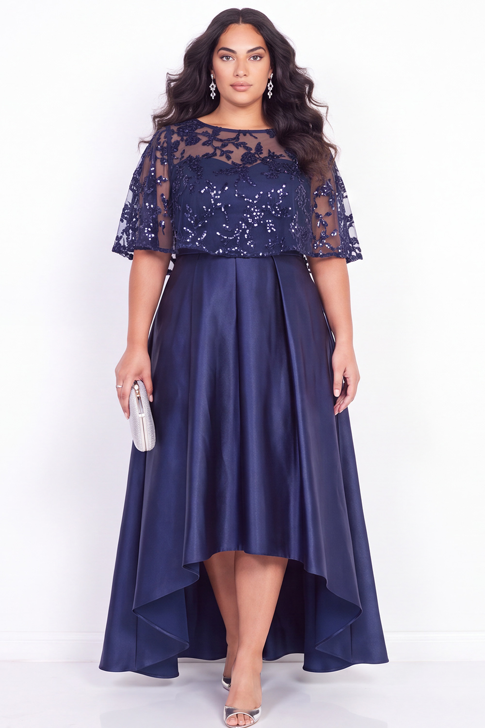 Plus Size Navy A Line Sequin Satin High Low Formal Dress with Cape Sleeves