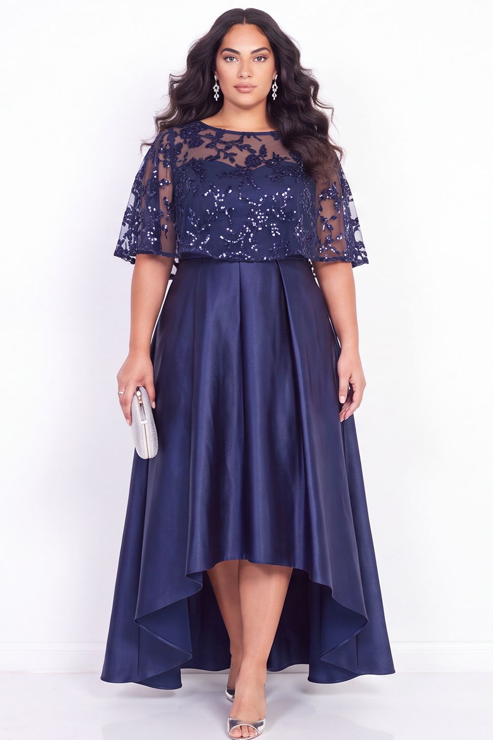Dressself Women Plus Size Navy Formal Dress A Line Sequin High Low Evening Dress with Cape Sleeves