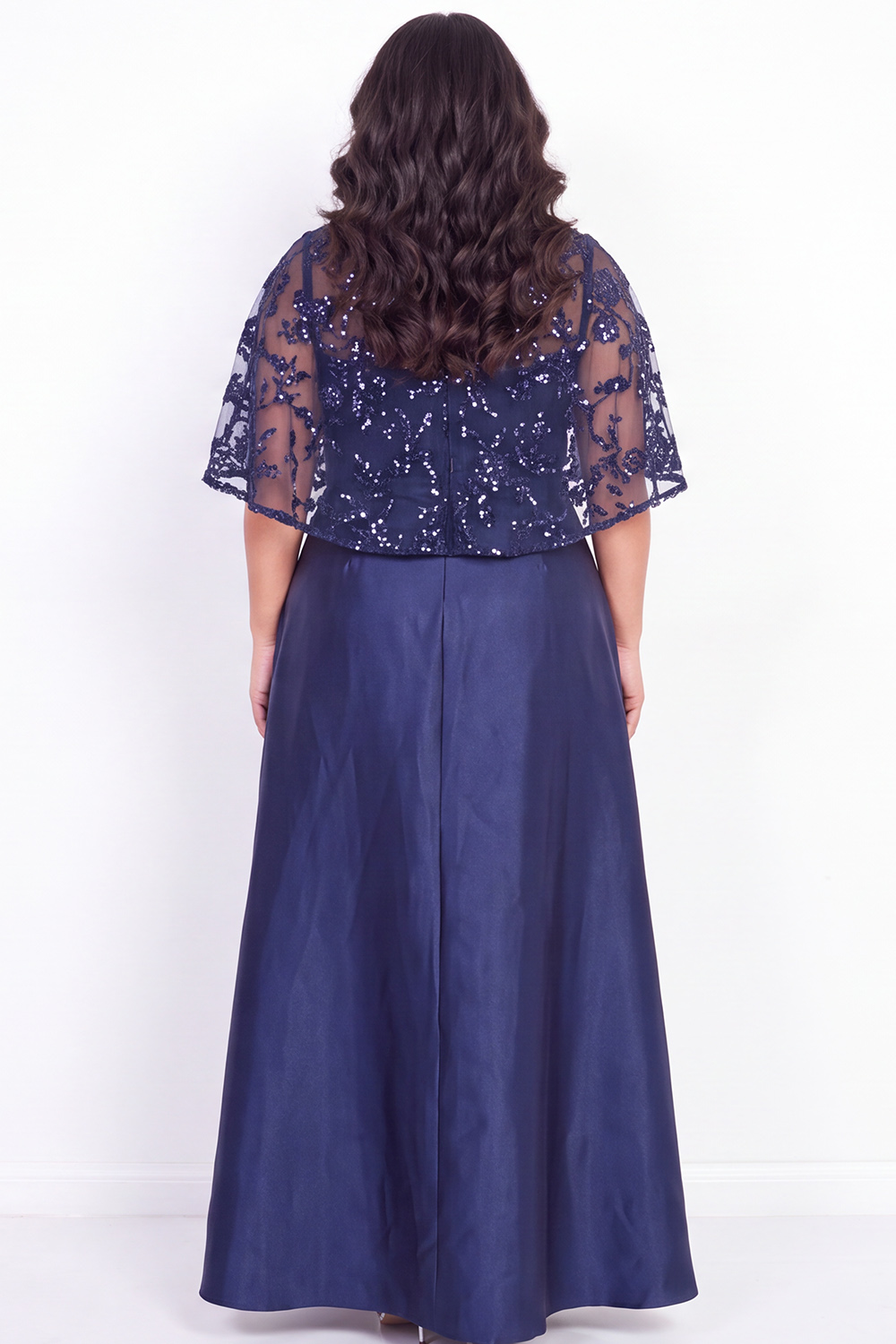Plus Size Navy A Line Sequin Satin High Low Formal Dress with Cape Sleeves