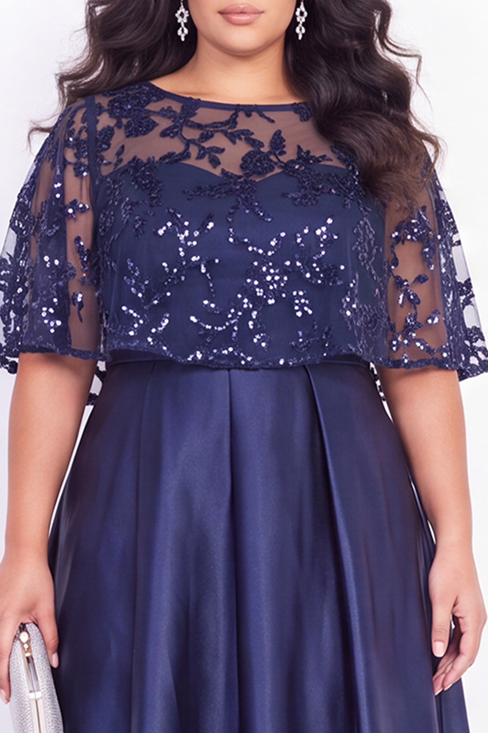Plus Size Navy A Line Sequin Satin High Low Formal Dress with Cape Sleeves