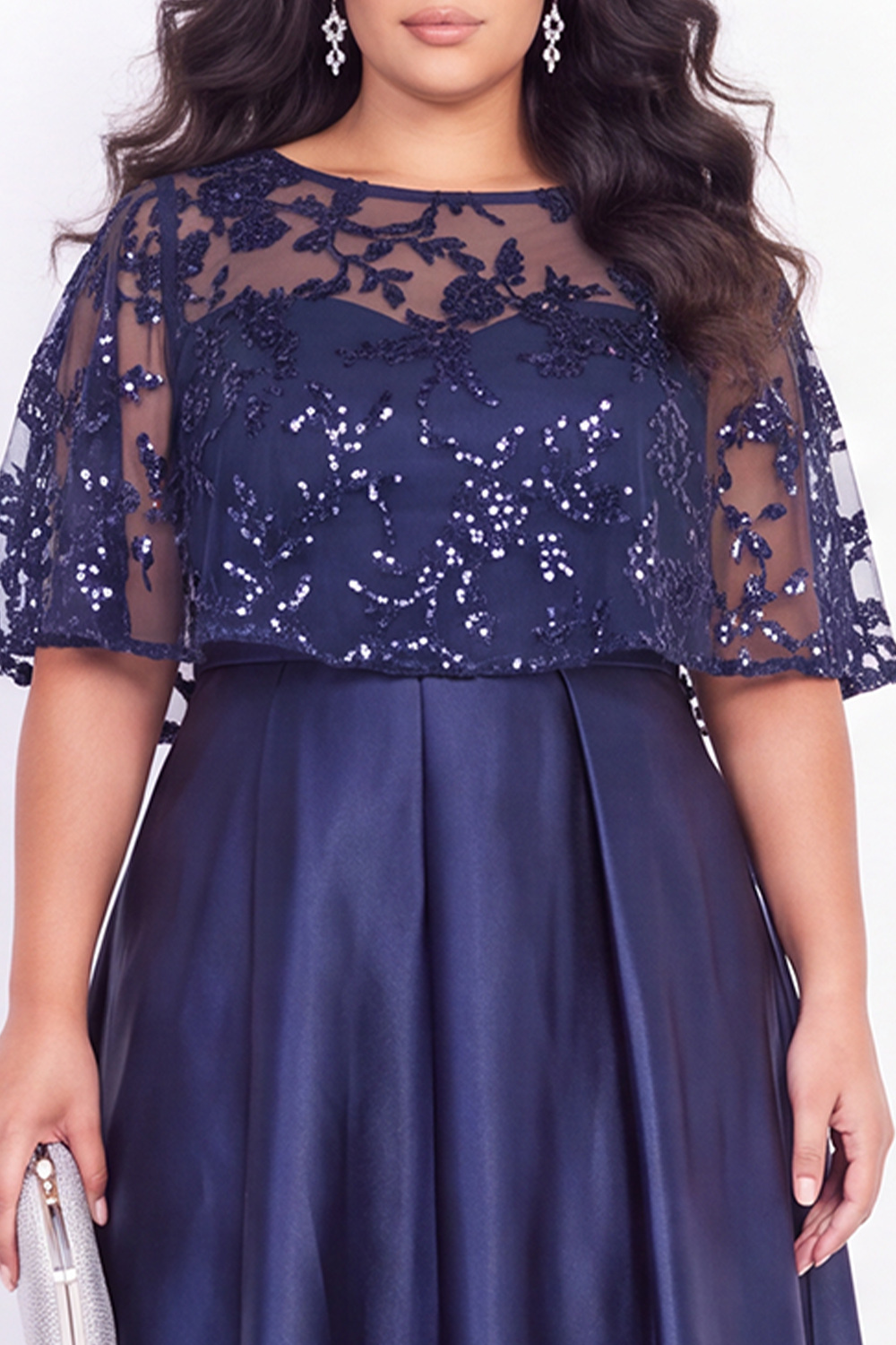 Plus Size Navy A Line Sequin Satin High Low Formal Dress with Cape Sleeves