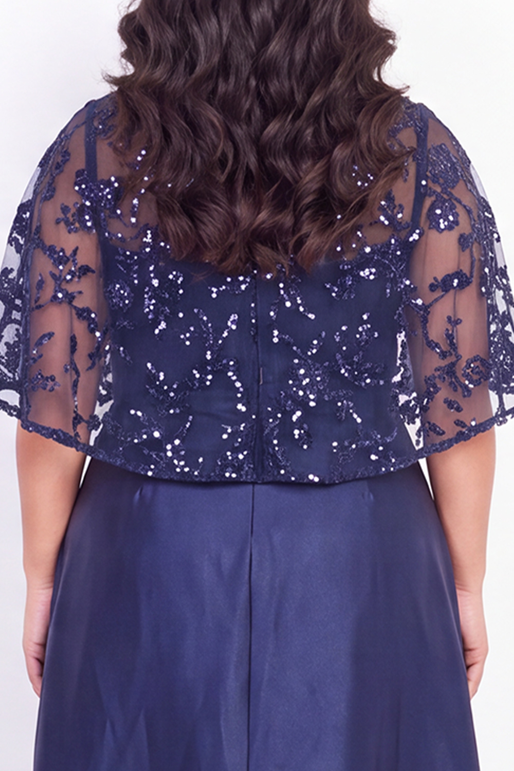 Plus Size Navy A Line Sequin Satin High Low Formal Dress with Cape Sleeves