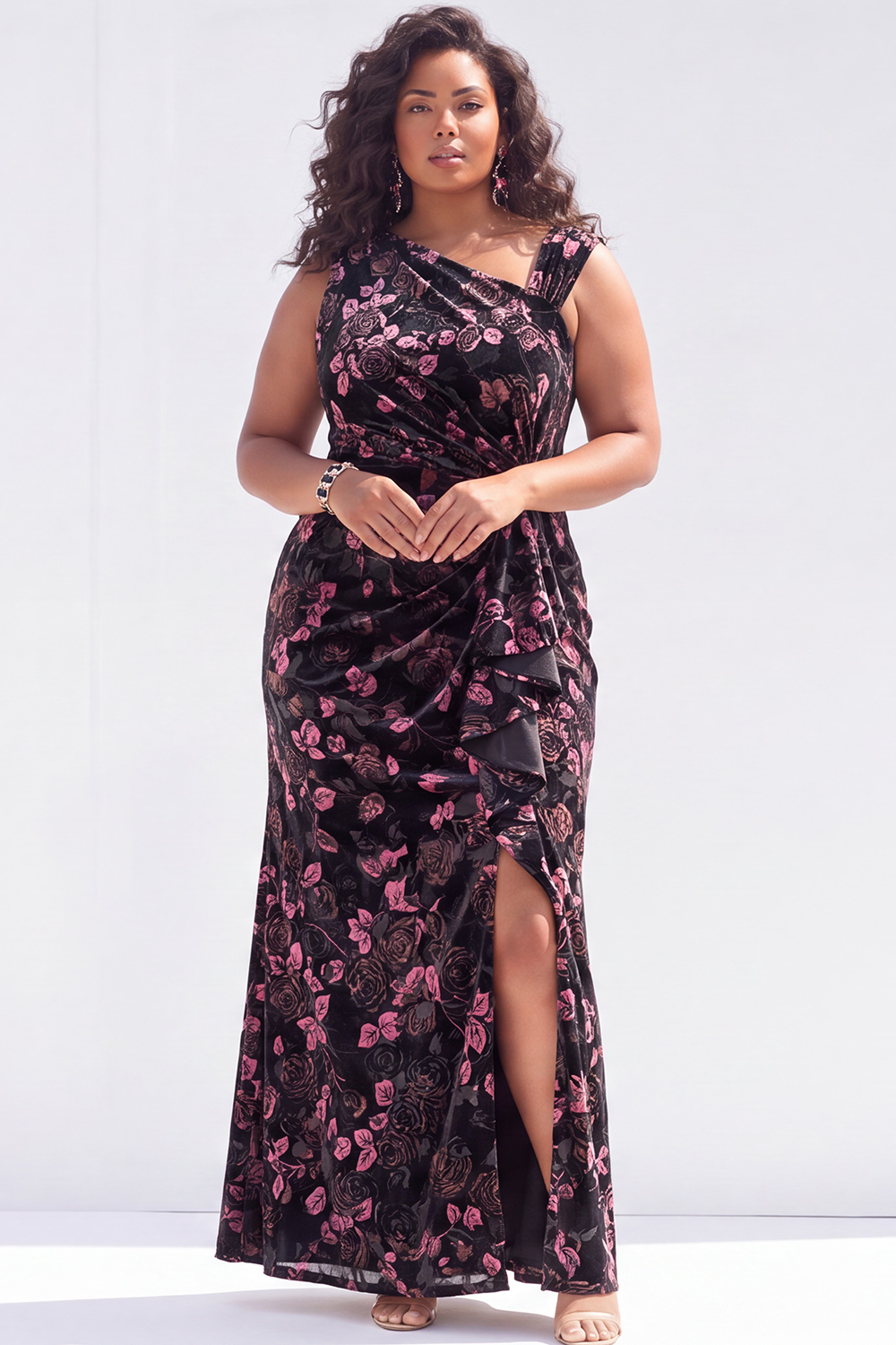 Plus Size Black Pink Floral Asymmetrical Neck Mermaid Velvet Formal Dress