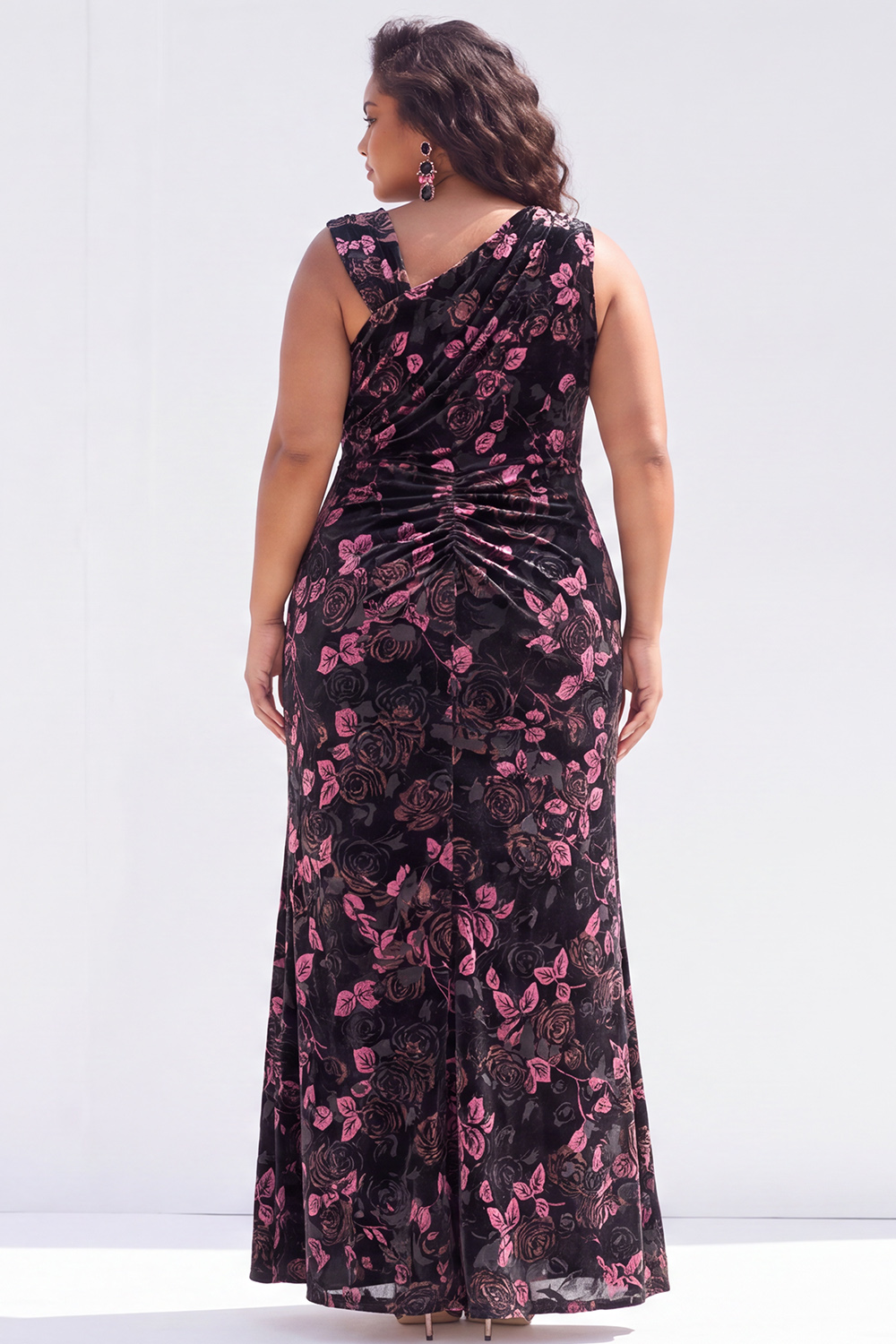 Plus Size Black Pink Floral Asymmetrical Neck Mermaid Velvet Formal Dress