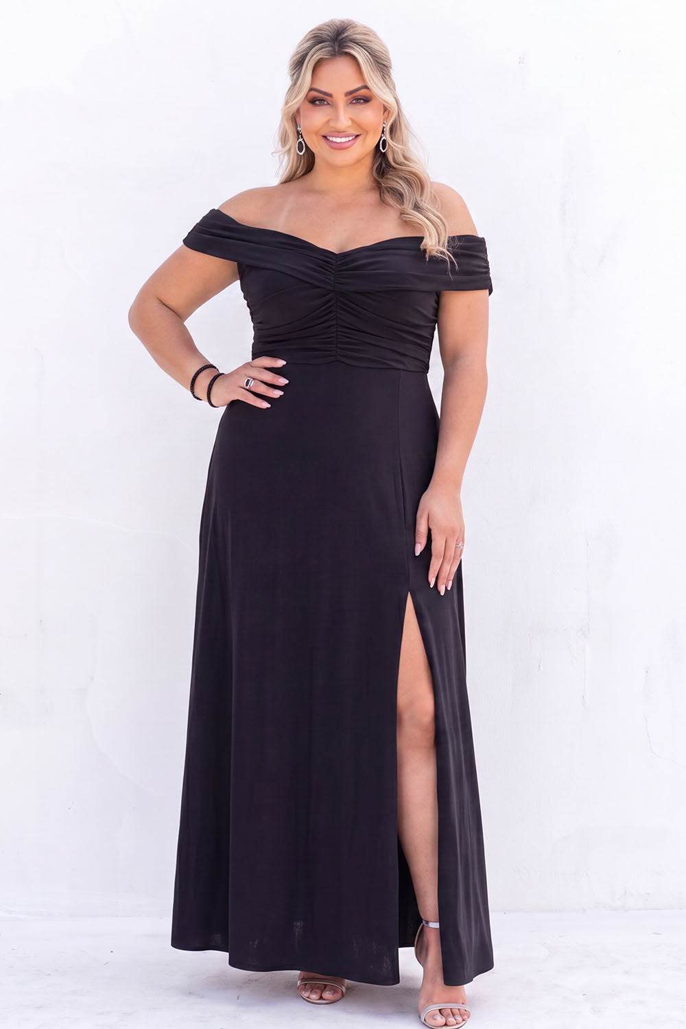 Off the Shoulder Black A Line Long Plus Size Formal Dress with Slit