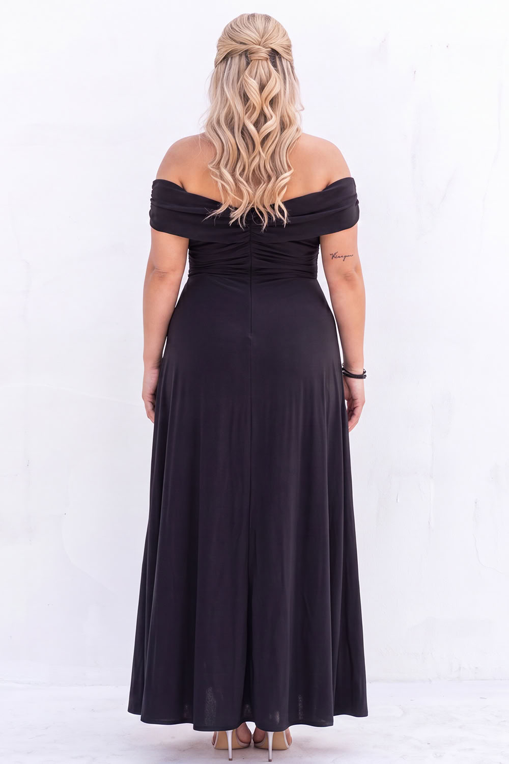 Off the Shoulder Black A Line Long Plus Size Formal Dress with Slit