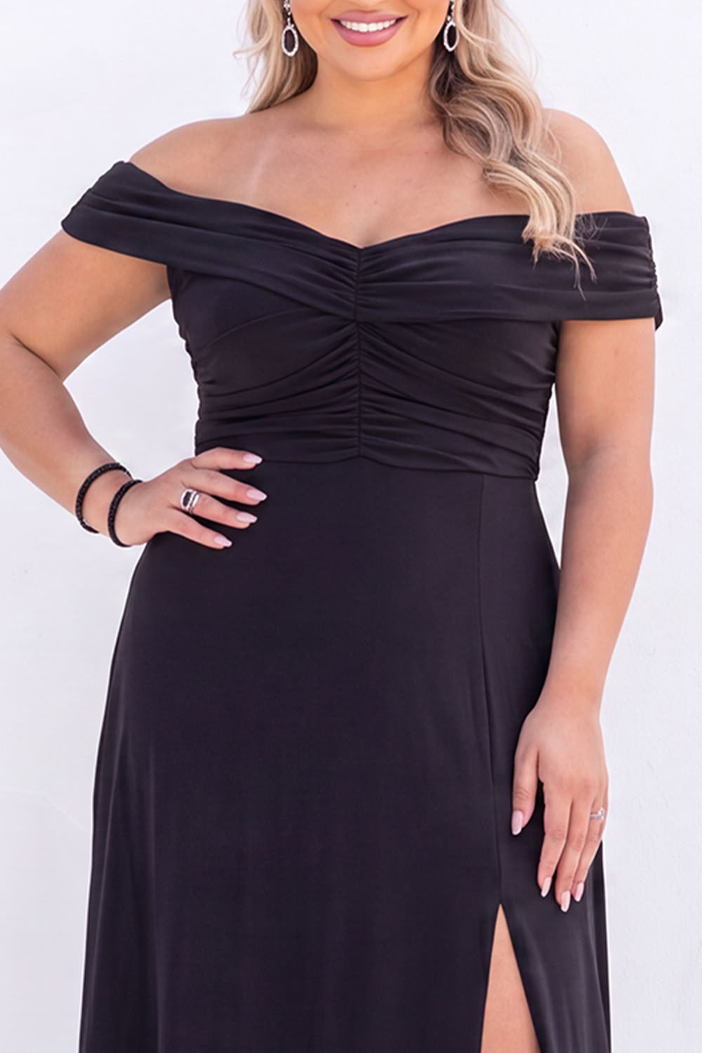Off the Shoulder Black A Line Long Plus Size Formal Dress with Slit