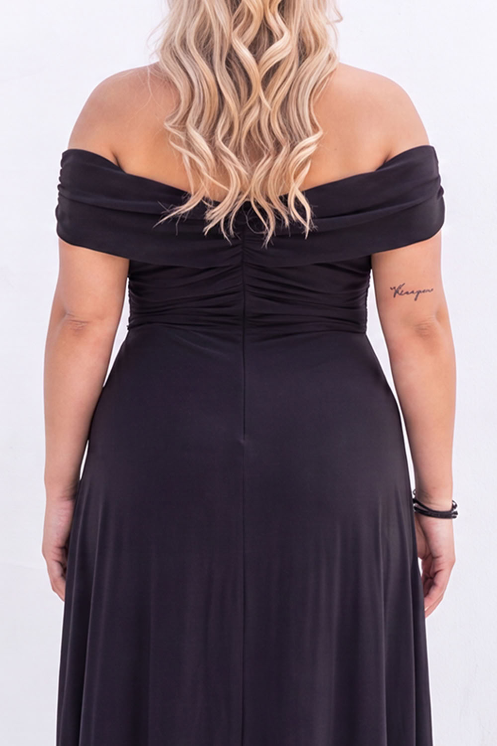 Off the Shoulder Black A Line Long Plus Size Formal Dress with Slit
