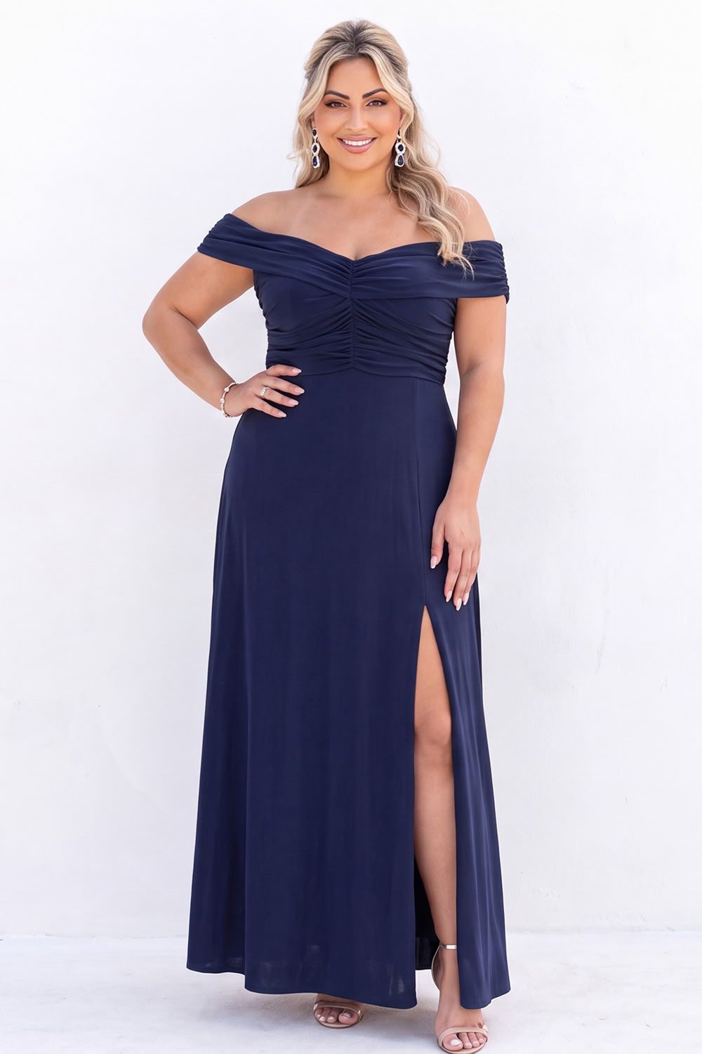 Off the Shoulder Black A Line Long Plus Size Formal Dress with Slit