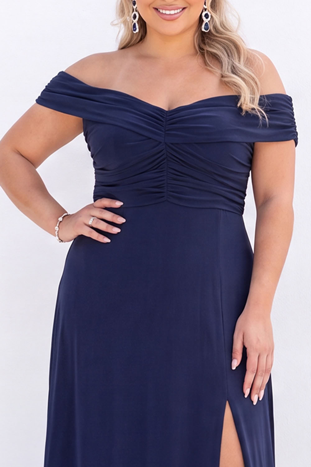 Off the Shoulder Black A Line Long Plus Size Formal Dress with Slit
