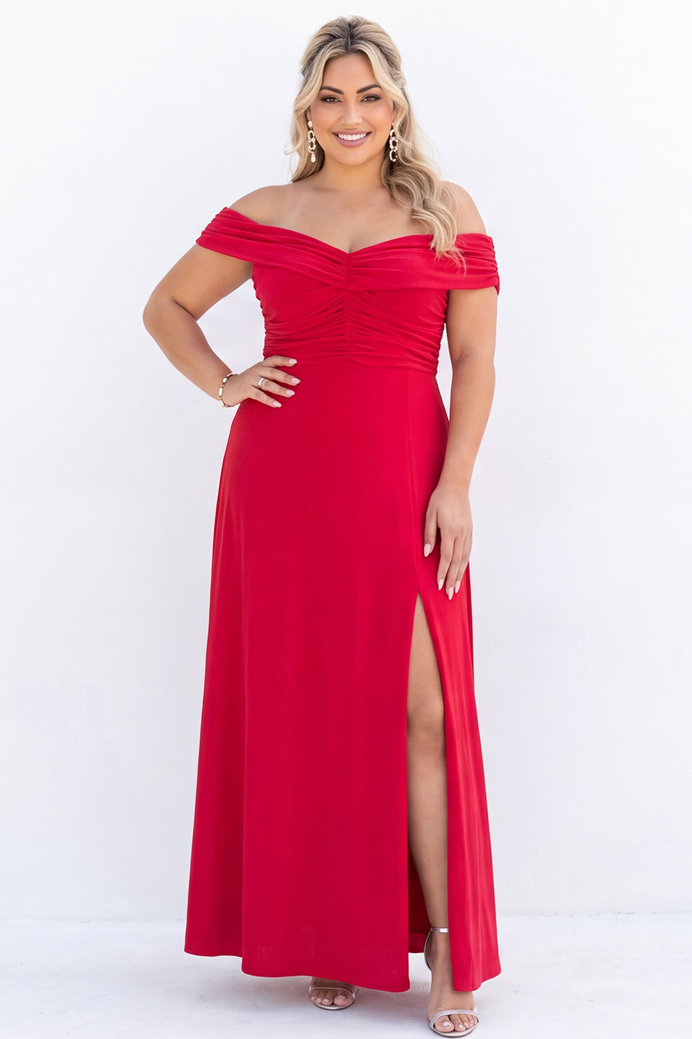 Off the Shoulder Black A Line Long Plus Size Formal Dress with Slit