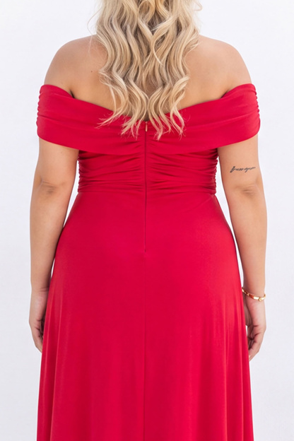 Off the Shoulder Black A Line Long Plus Size Formal Dress with Slit