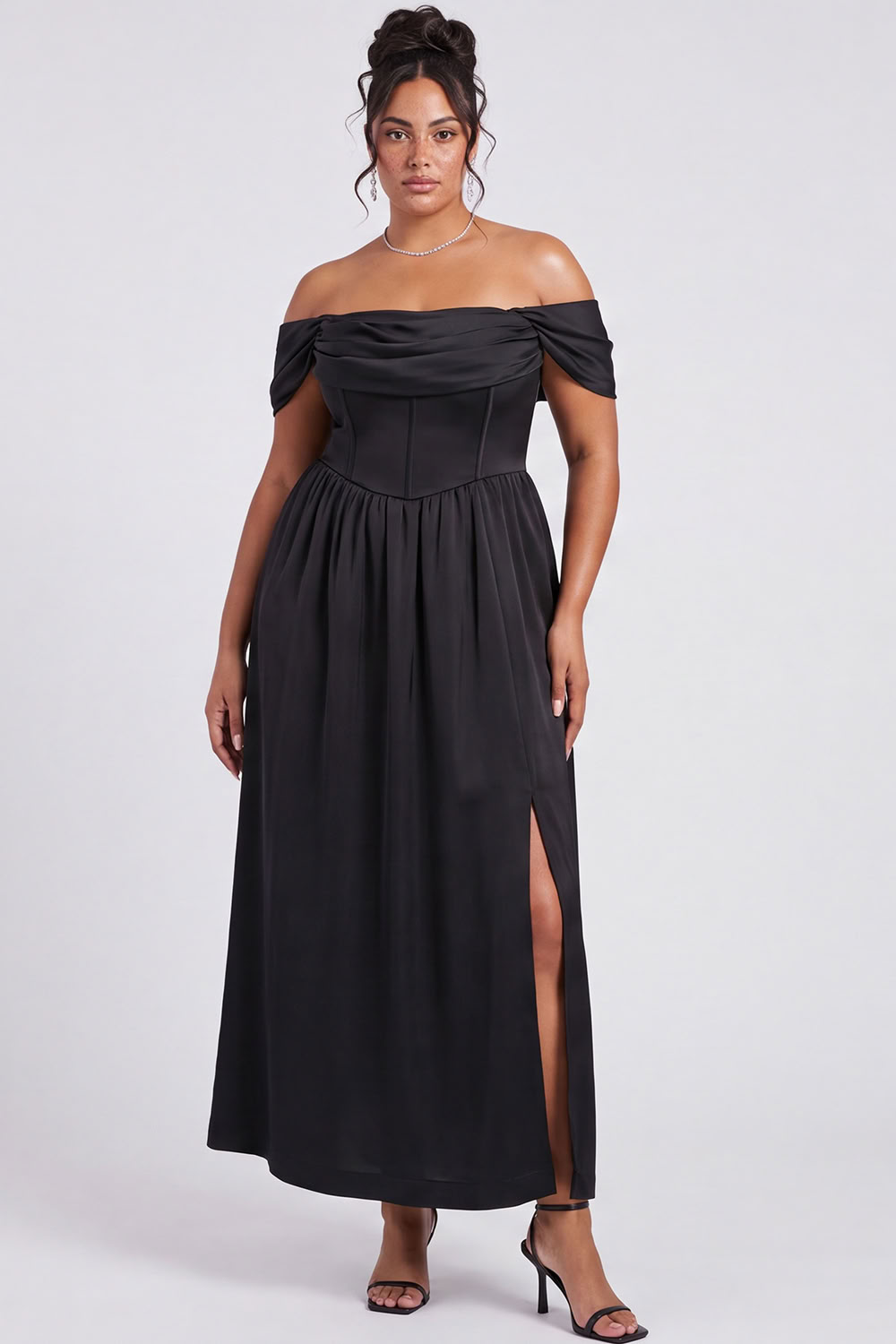 Black Plus Size Corset Off the Shoulder A Line Formal Dress