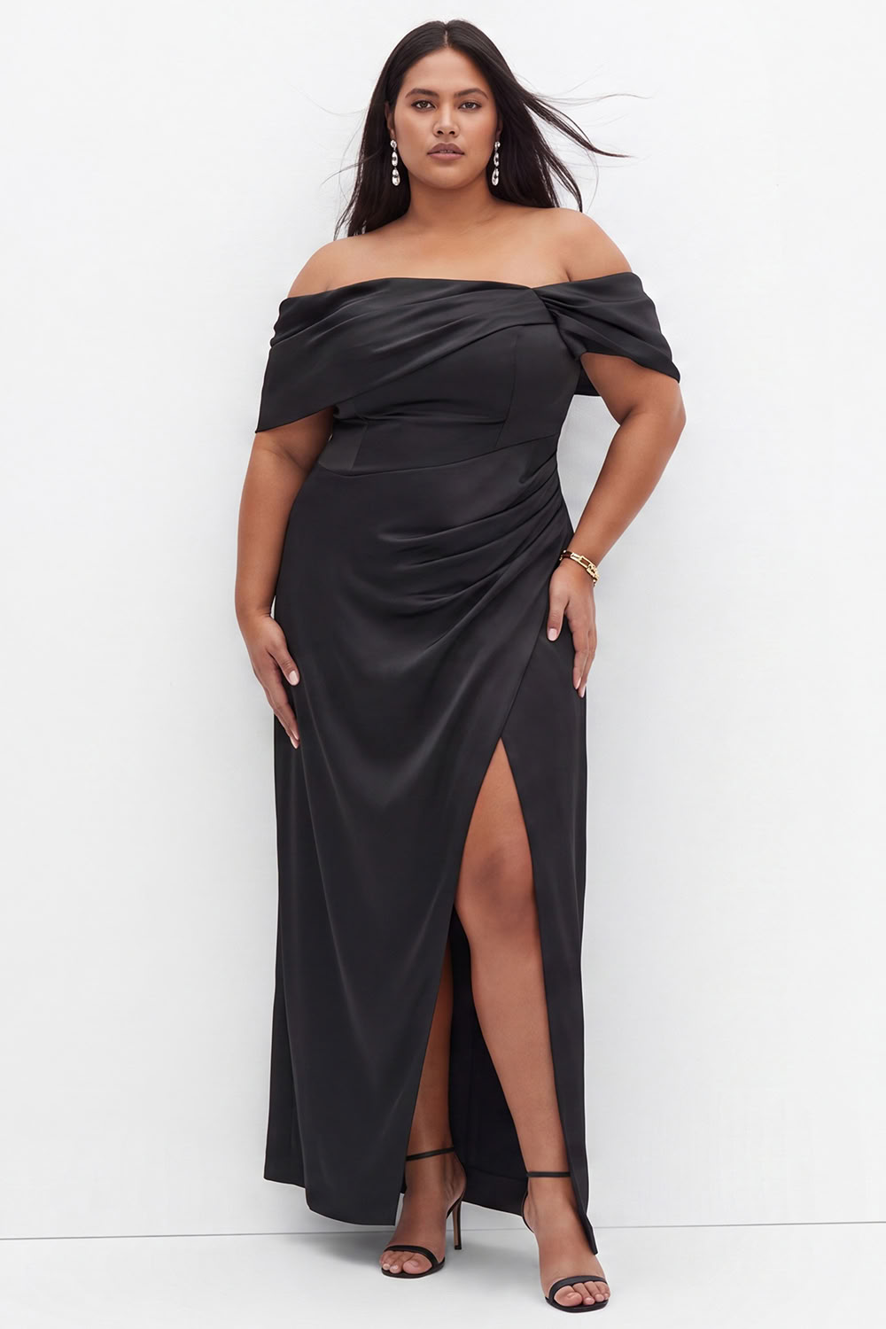 Dressself Women Plus Size Coffee Formal Dress Off the Shoulder A Line Evening Dress with Slit